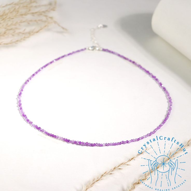 Amethyst Crystal Delicate Choker AAA+ Natural Amethyst Minimalist Necklace Adjustable 2MM Tiny Purple Crystal Beads Dainty Choker Yoga Crystal Dainty Necklace Gift️🌟❤️🌈🌿 🌟Material : Amethyst, Purple Crystal, Natural Stones, Natural Crystal, Rough Gemstones, Raw Stone 🌟Quality: AAA+ 🌟Length: 15"+2" silver clasp 🌟Beads size: 2 mm 🌟Size: Adjustable❤️ 😊Certainly! If you need any customization, feel free to reach out. I'm here to assist you. 😊😊 🌟+ Free gift pouch🌈🌿 👏From the choice of Adjustable Amethyst Beaded Necklace In Lavender, Handmade Purple Choker With Round Beads, Lavender Faceted Beads Crystal Necklace Gift, Lavender Crystal Necklaces With Faceted Beads For Gifts, Lavender Faceted Beads Necklace For Gifts, Adjustable Purple Necklace With Faceted Beads, Lavender Necklace With Faceted Beads Gift, Dainty Purple Jewelry With Tiny Beads, Purple Beaded Choker As A Gift