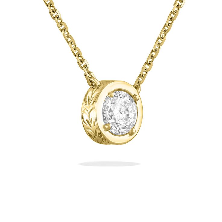 14K Yellow Gold Maile Scroll Necklace with a 1/2 Carat I SI2 Solitaire Diamond. The necklace measures approximately 17". The Necklace, Solitaire Diamond, Fine Jewels, 2 Carat, Diamond Solitaire, White Gold, Yellow Gold, Rose Gold, Thing 1