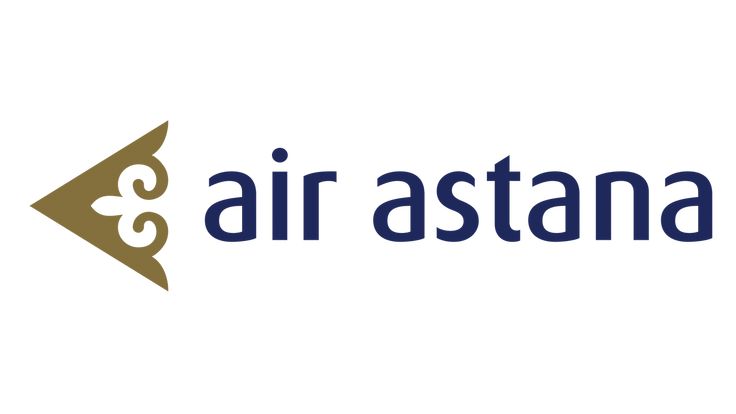 the air astana logo is shown in blue and brown letters on a white background