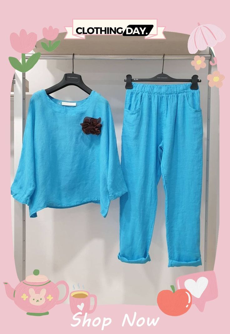 Blue Floral Cotton Blend Long Sleeve Suits Blue Long Sleeve Solid Color Sets, Blue Long Sleeve Sets, Casual Light Blue Sets With Pockets, Casual Blue Sets For Spring, Casual Blue Long Sleeve Sets, Casual Blue Sets With Pockets, Blue Solid Color Sets For Spring, Casual Blue Pant Set For Summer, Blue Solid Color Summer Sets