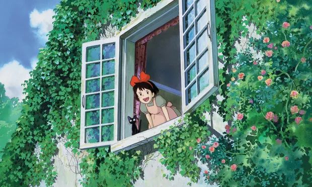 an anime scene with a woman looking out the window