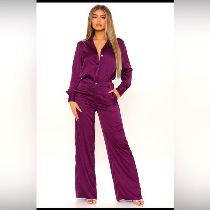 Nwt Fashion Nova 2 Pc Wide Leg Satin Suit. Top Is A Body Suit Style With Snap Closure. Can Be Worn Separately Size Xl Elegant Long Sleeve Sets For Going Out, Elegant Long Sleeve Going Out Sets, Elegant Long Sleeve Going-out Set, Purple Sets For Fall Party, Purple Long Sleeve Workwear Pantsuit, V-neck Sets With Pockets For Workwear, Purple Long Sleeve Pantsuit For Work, Casual Long Sleeve Pantsuit For Night Out, Casual Purple Workwear Set