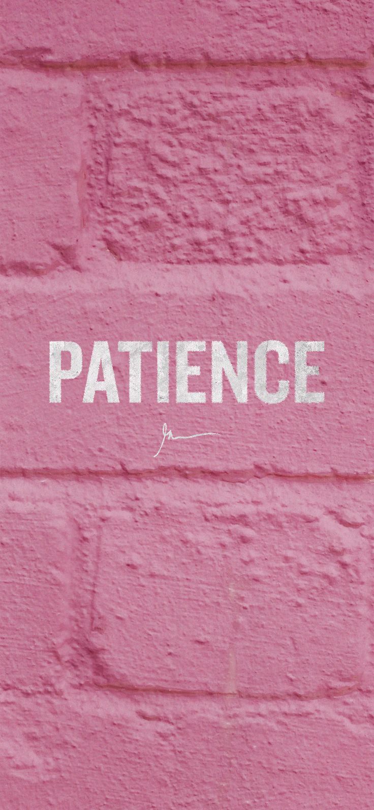 a pink brick wall with the word patience written in white on it's side