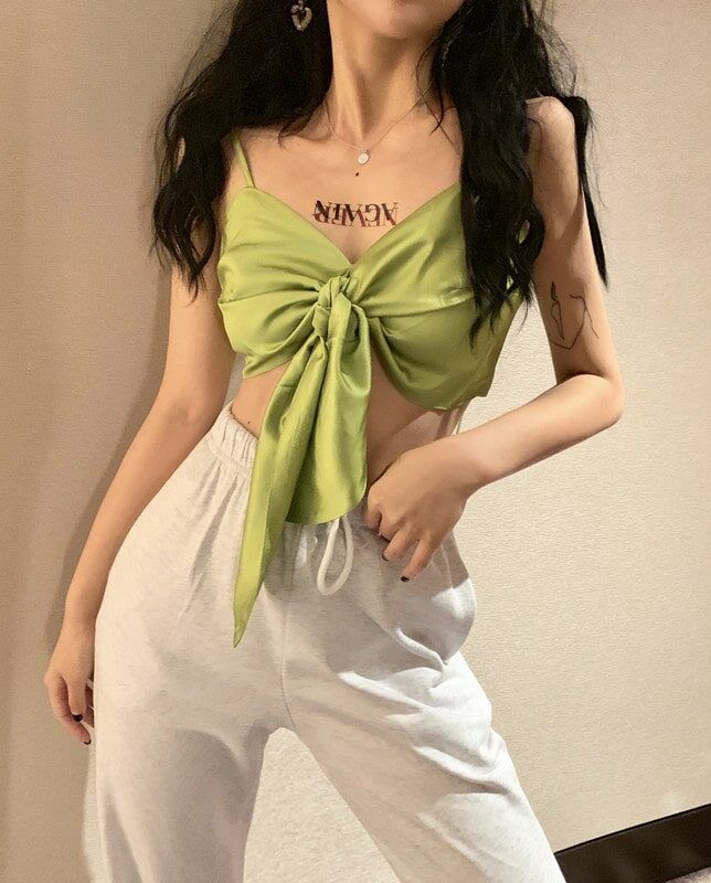 Plain, Sling Camisole Front Tie Hyuna Fashion, Kpop Crop Top, Thigh Wrap, Halter Pattern, Fashion Chingu, Patterned Crop Top, Plaid Crop Top, White Cross, Halter Crop Top