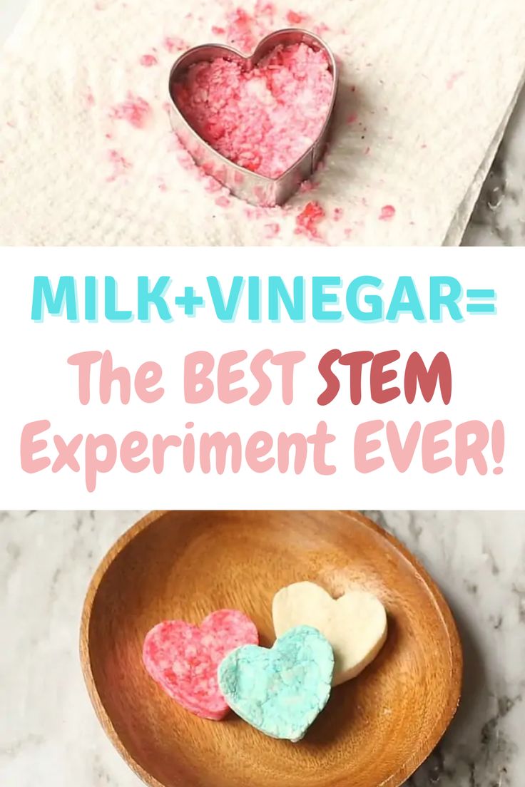 Image of heart cookie cutter and homemade hearts with the text, "Milk+Vinegar=The BEST STEM Experiment Ever!" Milk Preschool Activities, Preschool Science Experiments At Home, Milk Into Plastic Experiment, Easy Homeschool Science Experiments, Homeschool Science Experiments 1st Grade, Milk And Vinegar Experiment, Wacky Science Experiments For Kids, Valentines Steam Activities For Kids, Mother's Day Science Experiment