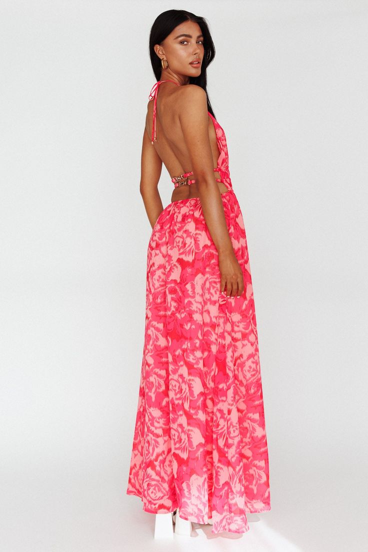 Shop the Cyndi Open Back Halterneck Maxi Dress Floral Pink | Selfie Leslie Chic Cut-out Waist Maxi Dress For Vacation, Spring Vacation Maxi Dress With Cut-out Waist, Summer Maxi Dress With Cut-out Waist, Chic Beach Maxi Dress With Cut-out Waist, Summer Floor-length Maxi Dress With Cutout, Summer Floor-length Cutout Maxi Dress, Vacation Floor-length Cutout Maxi Dress, Floor-length Cutout Maxi Dress For Summer, Floor-length Backless Dress With Tie Back