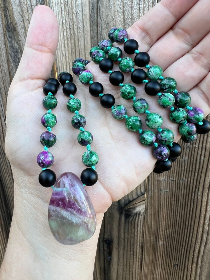 Beads Mala, Green Jasper, Rainbow Fluorite, Mala Necklace, Onyx Bead, Jasper Beads, Mala Beads, Black Onyx, Gemstone Beads