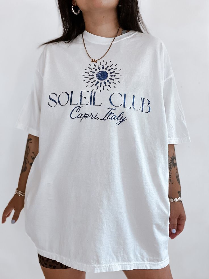 Soleil Club Tee, Beach Summer Shirt Summer Shirts Men, Photo Edits, Aesthetic T Shirts, Comfort Colors Tee, Beach Summer, Summer Shirts, Bra Tops, Black Hoodie, Jacket Tops