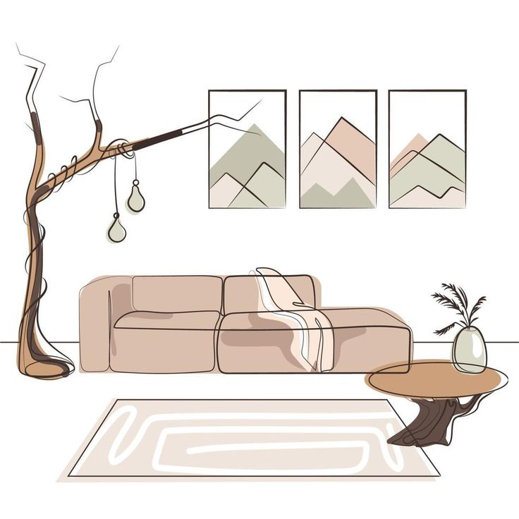 a drawing of a living room with couches, coffee table and art work on the wall