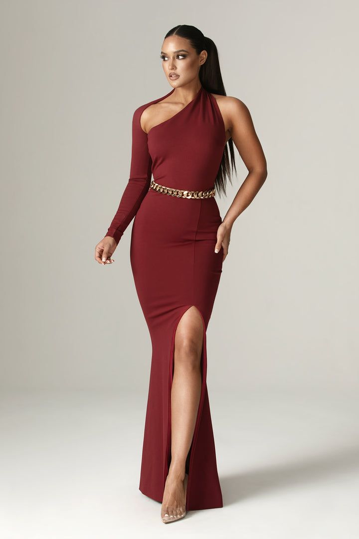 Abigail One Sleeve Maxi Dress (Black) Abigail Dress, Dress Maroon, Cocktail Night, Long Cut, Maxi Dress Black, Shoulder Design, Strapless Bra, Maxi Dress With Sleeves, Smooth Texture