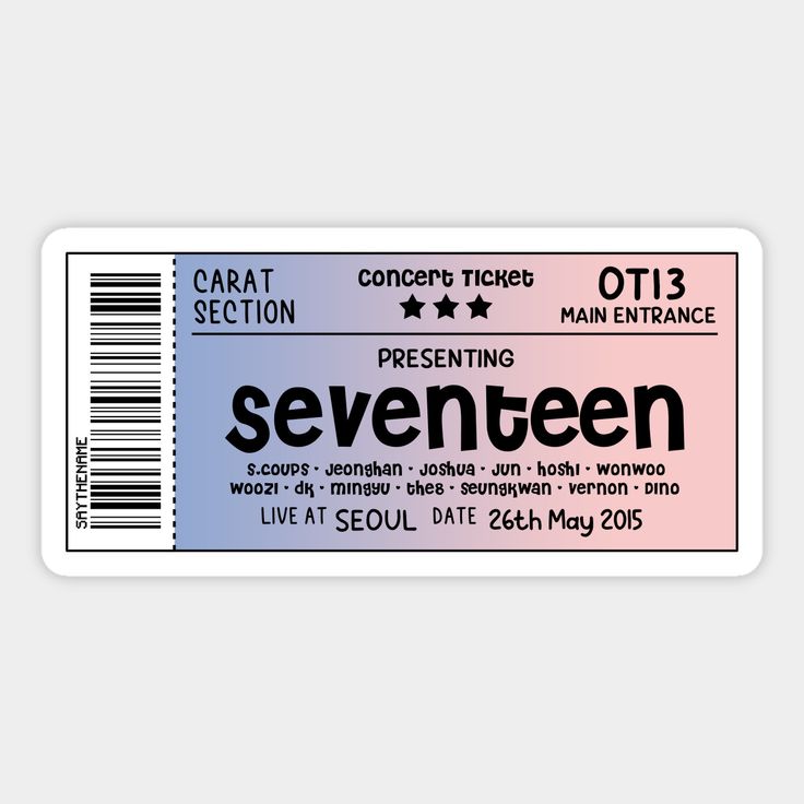 the concert ticket for seventeen is shown in pink and blue, as well as black