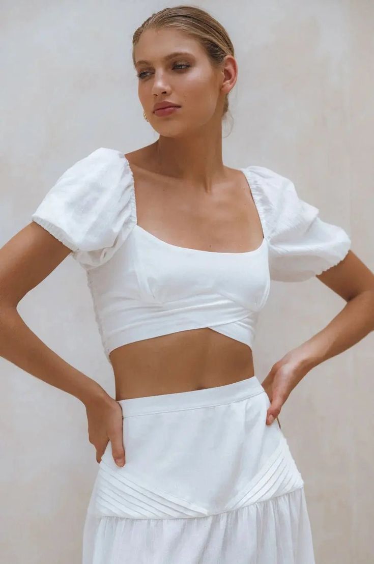 Blanca Linen Crop Top - crop top Summer Linen Tops With Smocked Back, Linen Tops With Square Neck For Day Out, Square Neck Linen Tops For Day Out, Square Neck Crop Top For Spring Vacation, White Linen Square Neck Top, Chic Square Neck Crop Top For Beach, Chic Ruched Short Sleeve Crop Top, Chic Short Sleeve Ruched Crop Top, Fitted Smocked Bodice Crop Top