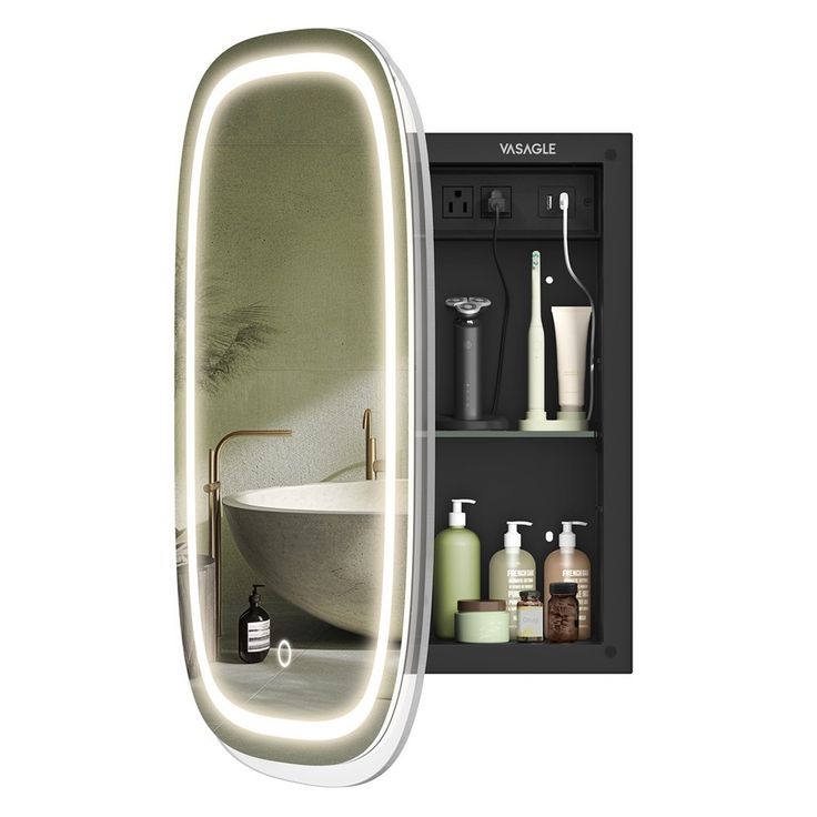 a bathroom mirror that is next to a bathtub and shelf with soaps on it