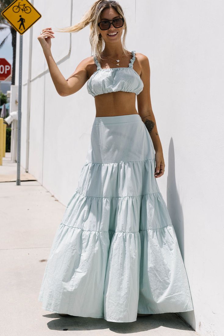 Sky Blue 2pcs Solid Color Crop Top Tiered Maxi Skirt Set High Waist Two-piece Skirt For Summer, Two-piece Maxi Skirt For Beach Spring Season, Two-piece High Waist Skirt For Spring, Spring Beach Two-piece Maxi Skirt, Spring Two-piece Long Maxi Skirt, High Waist Two-piece Skirt For Spring, Summer Two-piece Maxi Skirt For Day Out, Two-piece Maxi Skirt For Summer Day Out, Spring Two-piece Solid Skirt