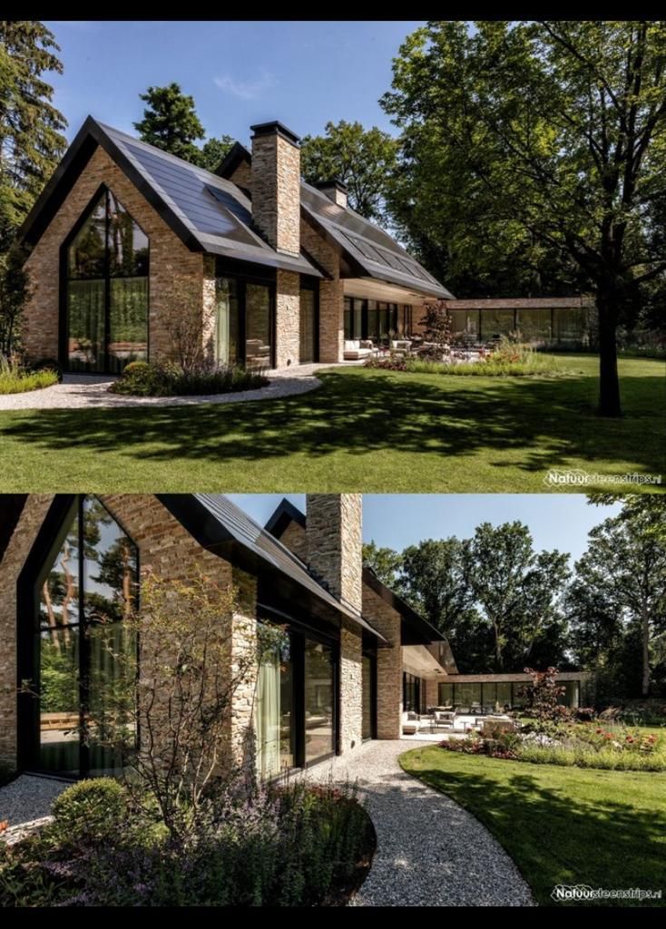 two pictures of a house in the middle of some grass and trees, one has a walkway