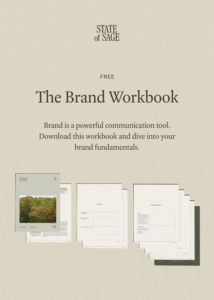 the brand workbook is displayed on a white background with black trimmings and an image of trees