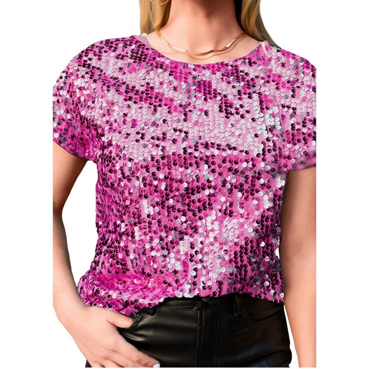 Elevate your style with the Anna-Kaci Glitter Sequin Tops, a dazzling blend of glamour and comfort. Crafted from lightweight 100% polyester fabric with a hint of stretch, this short-sleeve sparkly binding shirt blouse features an all-over sequin design and a soft full lining for lasting comfort. The durably stitched sequins ensure longevity, making it an ideal choice for various occasions. Stand out from the crowd with this glittering tunic top, perfect for parties, concerts, or any dressy event Glamorous Stretch Top With Contrast Sequin, Glamorous Shimmer Sequin Fabric For Spring, Stretch Tops With Contrast Sequin For Night Out, Shiny Disco Tops For Summer, Sparkling Glamorous Sequin Fabric For Spring, Glamorous Sparkling Sequin Fabric For Spring, Glamorous Sparkling Tops For Fall, Sparkling Fitted Summer Tops, Sparkling Stretch Top For Party