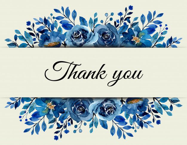 a thank card with blue flowers and leaves