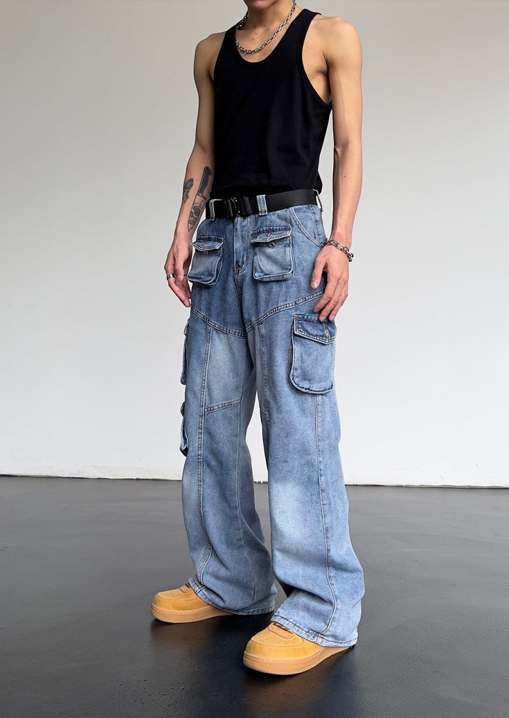 Model is 5ft 9''(176cm) tall, 145 lbs(66kg) weight and wearing a size L168cm 59kg wearing a size M - BLUE- Multi-pocket- Straight fit- DENIM Urban Blue High Waist Cargo Pants, Urban Style Blue High Waist Cargo Pants, Urban High Waist Blue Cargo Pants, Urban Style High Waist Blue Cargo Pants, Denim Blue Denim Cargo Pants With Belt Loops, Blue Straight Leg Cargo Jeans With Multiple Pockets, Denim Blue Cargo Pants With Belt Loops, Blue Straight Leg Cargo Jeans, Blue Straight Leg Cargo Jeans With Side Pockets