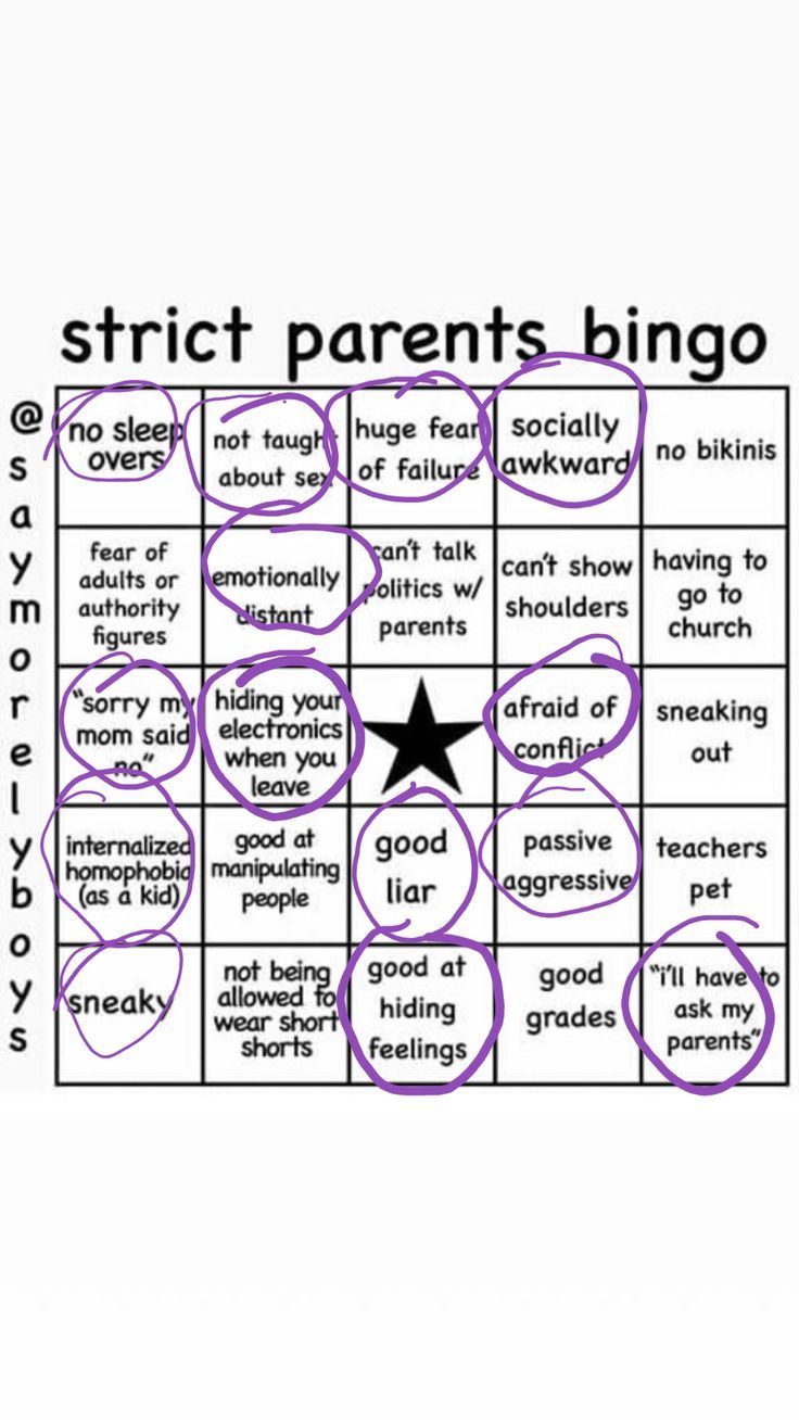 a black and white photo with purple circles around it that says, strict parents - bingo