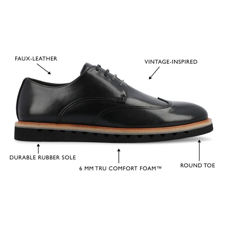 Introducing the Evander derby shoe from Vance Co., a seamless fusion of style and comfort with its 1-inch heel, lace-up closure, and classic round toe design. Crafted from faux leather this style offers a fashionable choice for various occasions. The mesh lining, 6 mm Tru Comfort Foam™ footbed, and rubber outer sole ensure breathability, comfort, and support, making the Evander a versatile and conscious addition to your footwear collection. Fitted Lace-up Dress Shoes With Rubber Sole, Business Casual Oxfords With Removable Insole And Round Toe, Business Casual Lace-up Oxfords With Removable Insole, Derby Plain Toe Oxfords With Contrast Sole, Workwear Derby Shoes With Leather Sole, Classic Dress Shoes With Contrast Sole For Business Casual, Classic Lace-up Cap Toe Shoes With Contrast Sole, Low-top Lace-up Shoes With Leather Sole For Derby, Classic Lace-up Shoes With Cap Toe And Contrast Sole