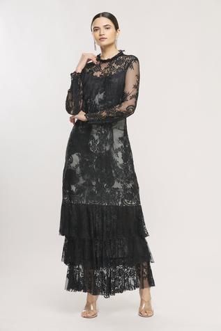 Shop for Kartikeya India Black Floral Lace Layered Maxi Dress for Women Online at Aza Fashions Long Sleeve Maxi Dress With Lace Patchwork For Evening, Elegant Sheer Maxi Length Lace Dress, Elegant Sheer Lace Maxi Dress, Black Floor-length Dress With Lace Sleeves, Evening Lace Maxi Dress With Sheer Sleeves, Long Sleeve Maxi Dress With Lace Trim For Evening, Evening Long Sleeve Maxi Dress With Lace Trim, Formal Maxi Dress With Lace Patchwork And Long Sleeves, Long Sleeve Maxi Dress With Lace Work For Evening