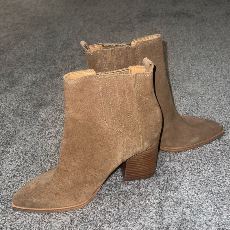 Marc Fisher Oshay Bootie Natural Suede Size 8 Never Worn Suede Round Toe Heels For Fall, Suede Heels With Round Toe For Fall, Fall Suede Heels With Round Toe, Suede Round Toe Booties For Fall, Suede Booties With Round Toe For Fall, Fall Suede Ankle-high Booties, Beige Closed Toe Booties For Fall, Casual Ankle Boot Heels With Reinforced Heel, Casual Booties With Reinforced Heel And Pointed Toe