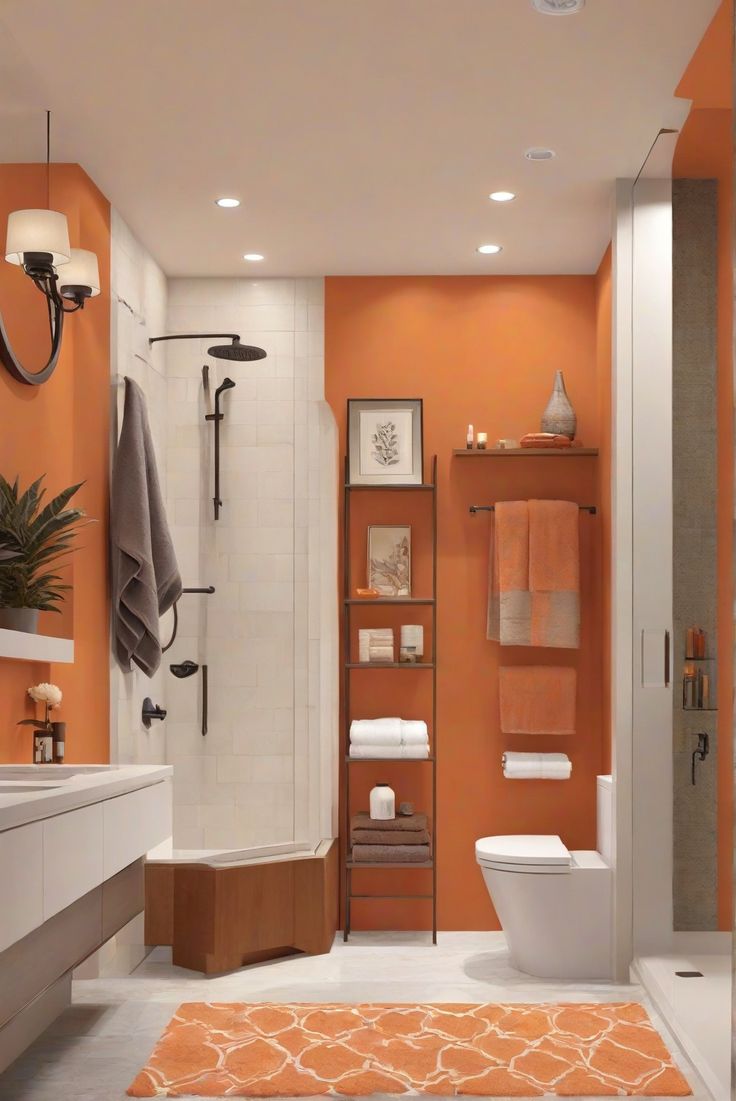 an orange and white bathroom is shown in this image, with towels on the rack