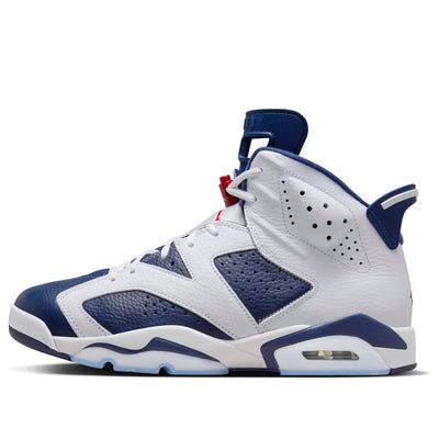 Celebrating the USA's Olympic heritage, the Air Jordan 6 Retro ‘Olympic’channels the spirit of the 2000 Sydney games. Released in August 2024, this shoe features a premium tumbled leather upper in a deep midnight navy. Crisp white overlays contrast the navy base, while pops of varsity red on the Jumpman logos and lace guard tie the design to the American flag's colors. The classic Air Jordan 6 silhouette is completed with a comfortable white midsole and a navy rubber outsole. This commemorative edition offers a chance to own a piece of Jordan history with a timeless design. Sporty Leather Jordan Shoes With Perforated Toe Box, Classic Jordan Leather Shoes With White Sole, Classic Leather Jordan Shoes With White Sole, Classic Sneakers For Sports Events, Classic Leather Jordan Sports Shoes, Classic Jordan Shoes With Cushioned Footbed, Leather Jordan Shoes For Sports Events, Leather Basketball Shoes With Boost Midsole For Sports, Classic Leather Jordan Shoes