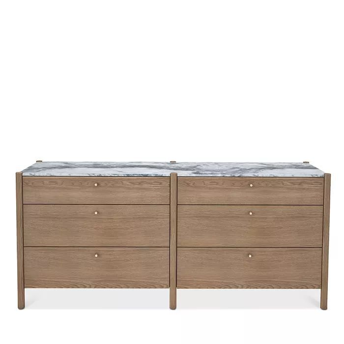 two wooden drawers with marble top in front of a white background and one drawer is open