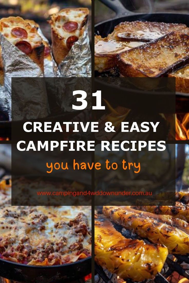 A Pinterest pin collage titled "31 Creative & Easy Campfire Recipes You Have to Try," featuring mouth-watering campfire meals. The images showcase delicious campfire food: foil-wrapped pizza rolls, a hearty cast iron skillet breakfast hash, a cheesy breakfast burrito, and caramelised bananas with melted chocolate and marshmallows. The pin highlights the variety of recipes, perfect for outdoor cooking and camping adventures, with a focus on simple and tasty meals cooked over a campfire. Camping Cooking Ideas, Food On Fire, Easy Campfire Recipes, Campfire Dutch Oven Recipes, Fire Pit Food, Bonfire Food, Dutch Oven Cast Iron, Campfire Cooking Recipes, Easy Campfire Meals