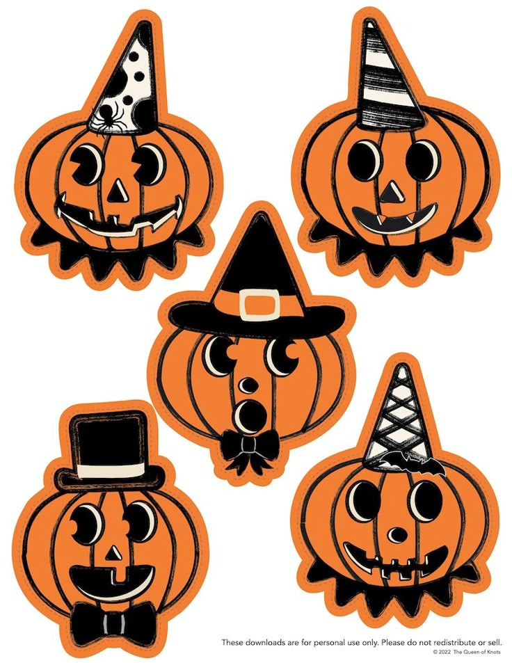 four halloween pumpkins with hats on them