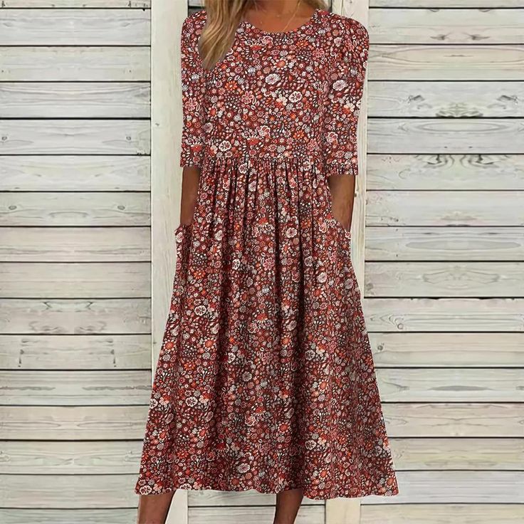 Women's Boho Dress Crew Neck Mid Sleeve Floral Print Midi Dresses Womens Boho Dresses, 60 Fashion, Floral Print Midi Dress, Crewneck Dress, Midi Short Sleeve Dress, Spring Outfits Women, Floral Print Shorts, Floral Dress Summer, Printed Midi Dress