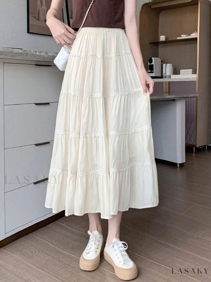 Lasaky - Flowy Wrap-Around Midi Dress with Ruffled Hem Casual Pleated Dress With Flowy Skirt, Spring Ruffled Skirt Dress, Spring Beige Tiered Skirt Maxi Dress, Spring Solid Color Dress With Ruffled Skirt, Beige Ruffled Tiered Midi Dress, Beige Flowy Tiered Skirt Dress, Beige Flowy Tiered Dress, Beige Tiered Flowy Dress, Beige Tiered Dress With Flowy Skirt