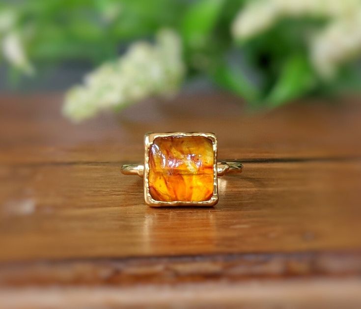 Square Baltic Amber Ring Gold Cocktail Ring Amber Jewelry - Etsy Luxury Handmade Amber Jewelry, Stackable Citrine Jewelry As Gift, Stackable Citrine Rings As A Gift, Citrine Rings With Polished Finish For Gifts, Citrine Open Ring Jewelry Gift, Amber Ring Gold, Unique Promise Rings, Raw Diamond Engagement Rings, Ring Square