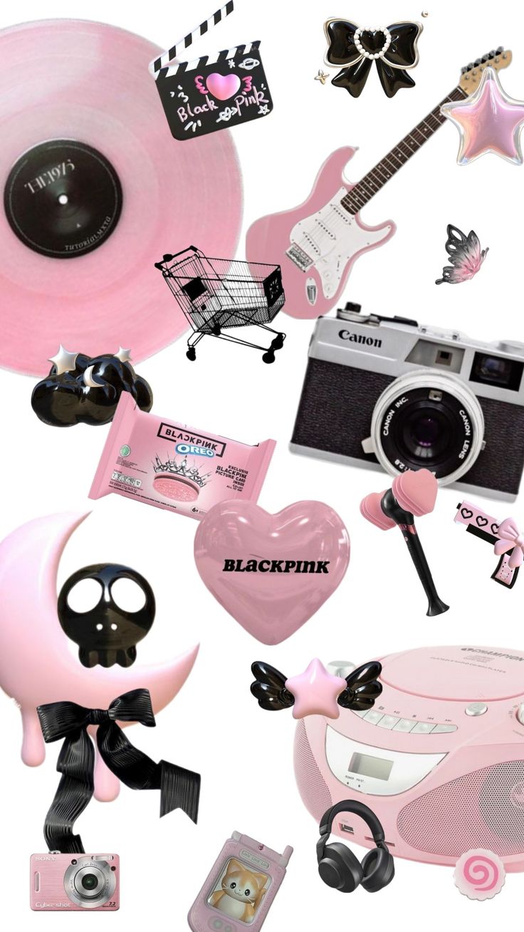 various items are grouped together in the shape of a pink record, camera, and heart