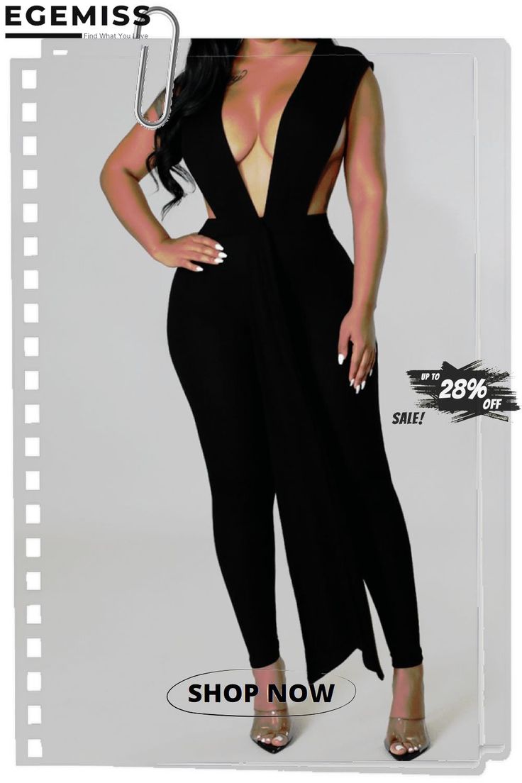 Sexy Solid Split Joint Backless Asymmetrical V Neck Regular Jumpsuits Asymmetrical Stretch Bodysuit For Evening, Trendy Backless Bodysuit For Party, Trendy Backless Party Bodysuit, Asymmetrical Black Bodysuit For Party, Black Asymmetrical Bodysuit For Party, Black Asymmetrical Party Bodysuit, Chic Backless Bodysuit For Night Out, Trendy One-piece Jumpsuits For Party, Trendy High Waist Jumpsuits And Rompers For Party