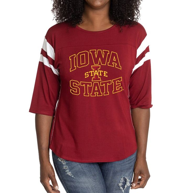 Elevate the style of your game day tee with this Iowa State Cyclones Abigail Jersey T-shirt. It features the team name and logo accentuated by contrast-color side stitching and sleeve stripes. A rounded hem gives this Iowa State Cyclones shirt a more comfortable fit and feel. Game Day Jersey T-shirt With Team Logo, Team-colored University Logo T-shirt, Collegiate Game Day T-shirt With Team Name, Collegiate T-shirt With University Logo For Game Day, Varsity T-shirt With Team Logo For Football Season, Sporty University Logo T-shirt With Crew Neck, Game Day University Logo T-shirt, Varsity T-shirt For College Football Season, Jersey Tops For Game Day, Sports Fan Style