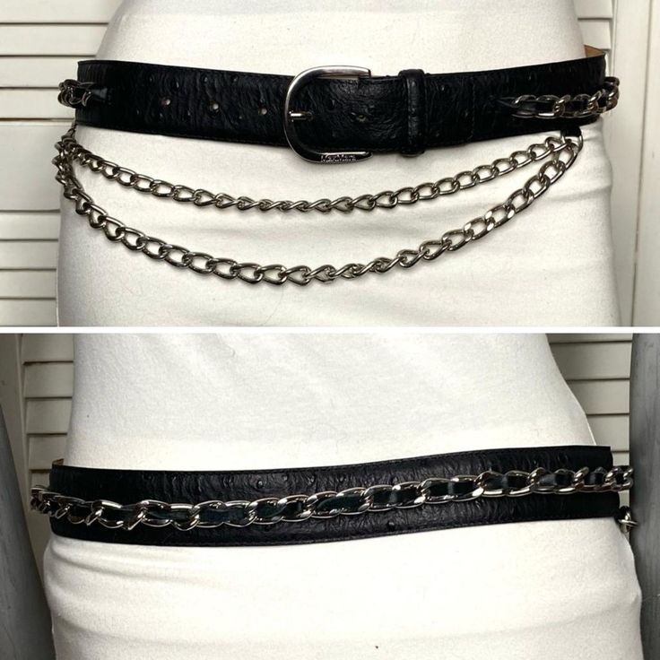 Elevate Your Ensemble With This Luxurious Max Mara 'Jerener' Belt, Crafted In Italy. The Belt Features A Unique Ostrich-Embossed Leather Design In Classic Black, Complemented By Striking Draped Chain Detail That Adds An Edge To Any Outfit. The Silver-Tone Hardware Showcases The Maxmara Branding, Providing A Touch Of Designer Appeal. Ladies Size Medium. Measures 28.5" From Prong To The Smallest Hole, 31 3/4" From The Prong To The Largest Hole. Width Measures 1.5". Like New, No Visible Signs Of We Luxury Silver Metal Chain Belt, Silver Chain Belt For Night Out, Luxury Silver Chain Belt For Formal Wear, Luxury Silver Chain Belt For Formal Occasions, Silver Chain Belt For Evening, Black Metal Chain Belt With Silver Chain, Silver Chain Belt, Aesthetic Jewellery, Chain Belt