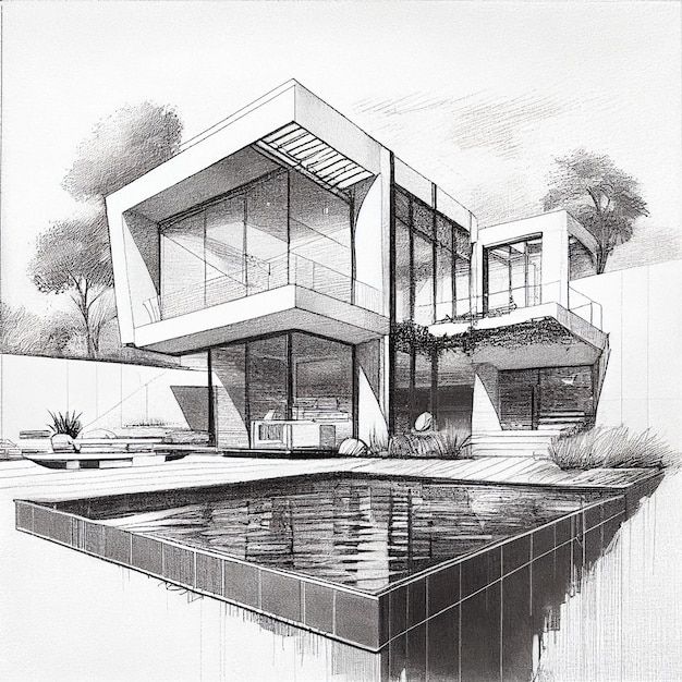 a drawing of a house with a pool in front