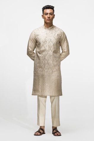 Shop for Asuka Beige Geometric Embroidered Chanderi Silk Kurta Set for Men Online at Aza Fashions Silk Kurta Set, Kurta Set For Men, Geometric Embroidery, Silk Kurta, Silk Embroidery, Kurta Set, Mandarin Collar, Aza Fashion, Types Of Sleeves