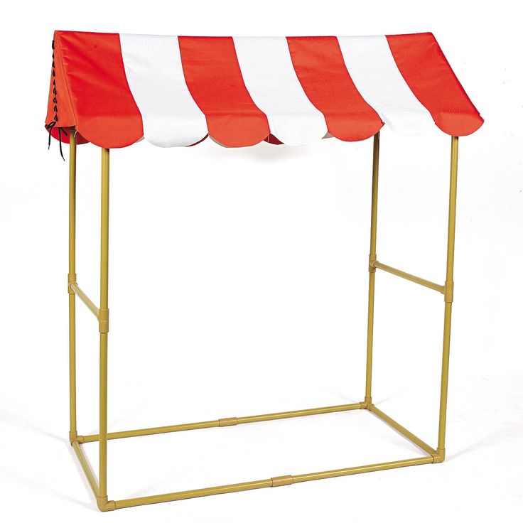 a red and white striped awning on top of a metal stand with gold legs