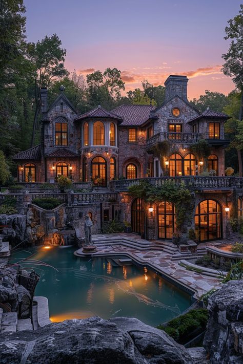 a large house with a pool in front of it at sunset or sunrise time, surrounded by trees and rocks