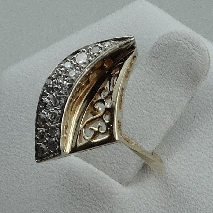 "Stunning 14K yellow gold ultra-classic art nouveau diamond ring with graceful curves and intricate metal designs. This is an eye catcher and a definite powerful option for a right-hand ring. FREE SHIPPING! Details: Solid 14K Yellow Gold (shown in picture) Diamond: (16) 1.2 mm round Approximate Diamond Weight: 0.16 ct. Diamond Clarity: SI1 Diamond Color: G Ring Size: 4 7/8 Total Weight: 2.6 grams FREE Domestic Shipping by USPS Priority Mail Signature Confirmation and includes insurance. If the i Formal Art Nouveau Diamond Jewelry, Evening Rings With Diamond Accents In 14k Gold, Evening 14k Gold Rings With Diamond Accents, Oval Yellow Gold Diamond Ring For Evening, Elegant 14k Gold Diamond Ring For Evening, 14k Gold Diamond Ring For Evening, Victorian Marquise Yellow Gold Diamond Ring, Victorian Marquise Cut Yellow Gold Diamond Ring, Yellow Gold Brilliant Cut Diamond Ring For Evening