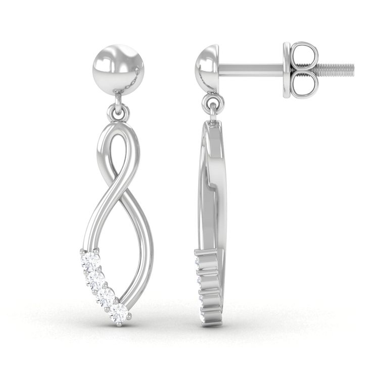 Product Details Enchant your ears with these minimal moissanite infinity dangle stud earrings. The earrings features an infinity symbol half encrusted with small sparkling moissanite, making this earpiece more attractive and appealing. The infinity symbol gently dangles from your earlobes, and captures a breathtaking beauty. The prong setting ensures the safety and durability of the stone. These dainty earrings are the perfect balance of elegance and simplicity, making them a versatile addition Elegant Infinity Earrings For Anniversary, Elegant Infinity White Gold Earrings, Elegant Gold Infinity Earrings, Elegant Silver Infinity Shaped Earrings, Elegant Infinity-shaped Earrings, Infinity Jewelry, Infinity Symbol, Dainty Earrings, Prong Setting