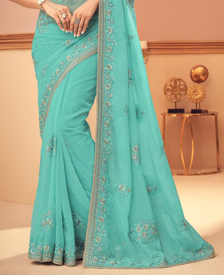 Aquamarine Blue Designer Embroidered Silk Wedding Saree-Saira's Boutique