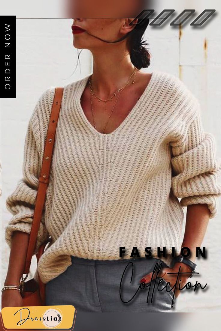 Knitted Casual V Neck Solid Sweater Trendy Chunky Knit V-neck Long Sleeve Sweater, Cozy Ribbed V-neck Long Sleeve Sweater, Casual V-neck Sweater With Chunky Knit, Beige Knit V-neck Sweater, Beige Knit V-neck Sweater For Fall, Beige Textured Knit V-neck Sweater, Beige Ribbed V-neck Outerwear, Cozy Beige Knitted V-neck Sweater, Cozy Knitted Beige V-neck Sweater