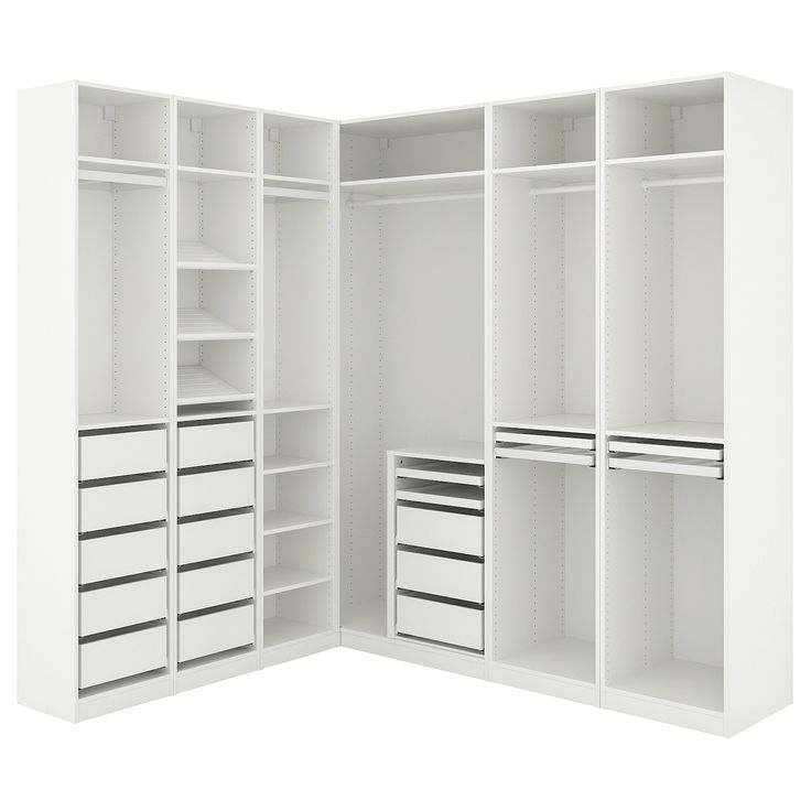 an open white closet with drawers and shelves on both sides is shown in front of a white background