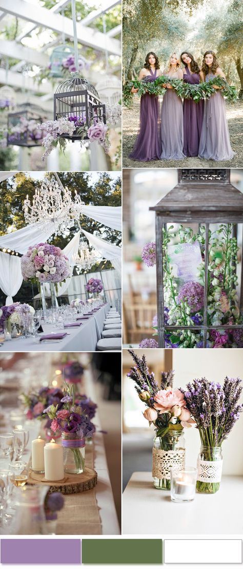 purple and green wedding color palettes for the bride's bouquet, centerpieces with