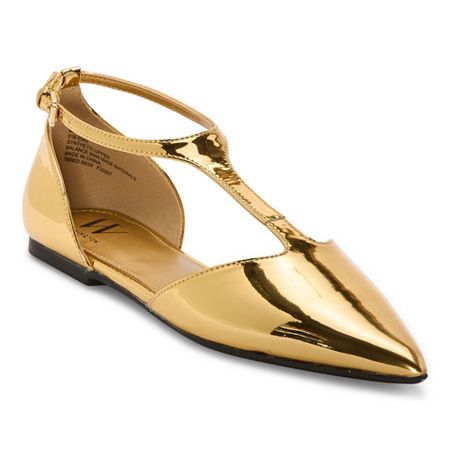 Add a touch of glam to your casual ensembles with these chic Worthington women's Lucan ballet flats featuring a look-at-me gold tone. Made from a durable material with a rubber sole, they feature a sleek pointed toe, a flat heel, and an adjustable ankle strap with a buckle closure. Wear them with everything from jeans to dresses. Closure Type: BuckleShoe Heel Height: 3/4 InchUpper/Outer Base Material: 100% PolyurethaneShoe Lining Material: PolyurethaneSole Material Content: 100% Thermoplastic-Ru Chic Gold Closed Toe Flats, Chic Gold Pointed Toe Flats For Party, Gold Pointed Toe Flats For Spring, Chic Gold Flats For Summer, Gold Pointed Toe Flats For Summer, Elegant Gold Pointed Toe Flats For Formal Occasions, Chic Gold Pointed Toe Flats, Chic Gold Flats For Spring, Gold Pointed Toe Ballet Flats For Party